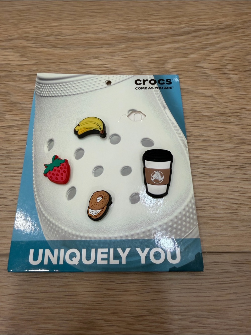 CROCS White Jibbitz Charm Pack with Banana, Strawberry, Bagel & Coffee